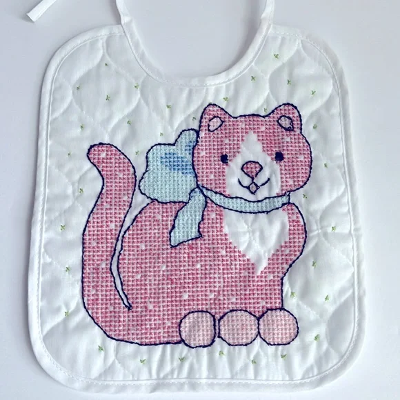 Handmade Quilted Baby Bib Cross-stitch Cat Kitten Cross Stitch