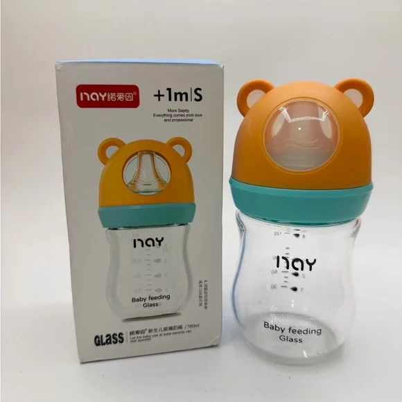 Glass Baby Bottle INAY- Cute Bear Head Design - 160ml - +1 Month Size S Nipple