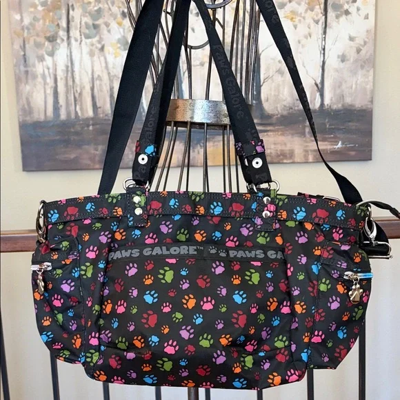 NEW Paws Galore Many Pocketed Multi Functional Nylon Paw Prints Bag Crossbody
