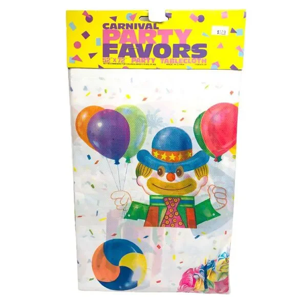 VTG Birthday Plastic Tablecloth Sweets Ice Cream Cone Clown Confetti 52” X 72”