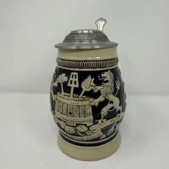 Domex Made in Germany Beer Stein Pewter Lid Ceramic Cobalt Blue Lion Barrel