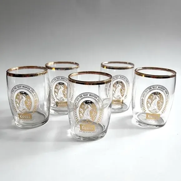 Set of 5 Coors Gold Rim Sampler Glasses Libbey Rocky Mountain Bar Brewery VTG