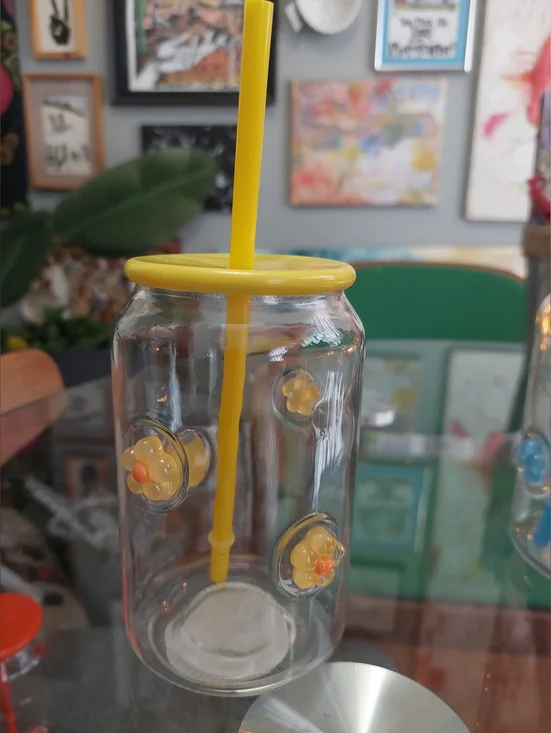 New Viral Glass TUMBLER Daisy Flowers W/ Lid And Straw