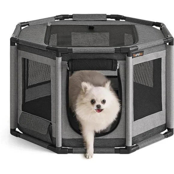 Dog Playpen, Oxford Fabric Dog Fence, Octagon Dog Crate, Dark and Light Gray, M
