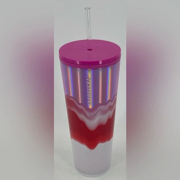 2021 Starbucks Winter Holiday Multi-Color Wave Pink Red & Metallic Tumbler 24 oz