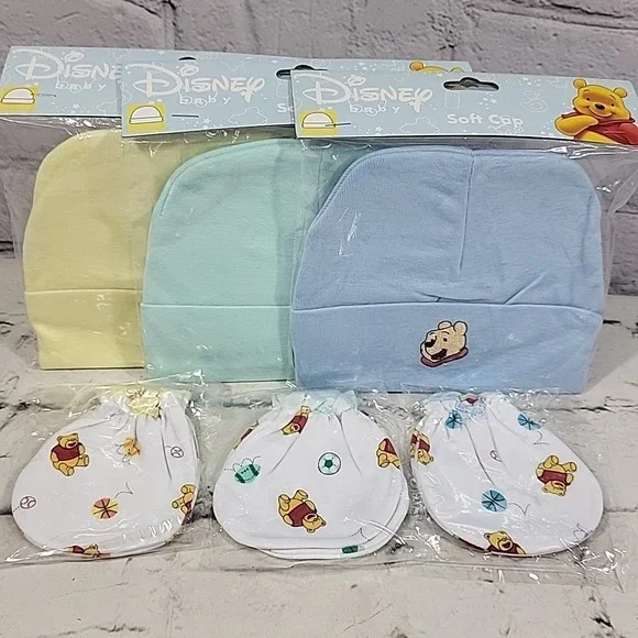 Disney Baby‎ Winnie The Pooh Infant Soft Cap Hats Mittens Lot Blue Green Yellow