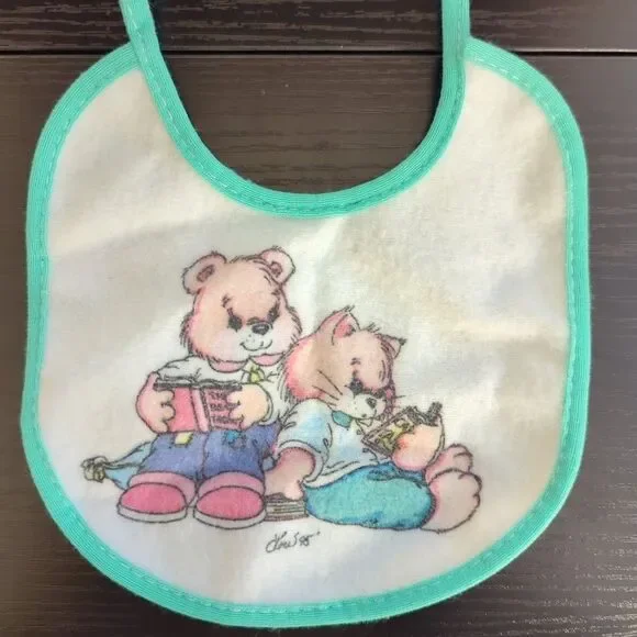 Vintage 95' Baby Bib Cat/Bear Reading Tie Closure‎ Baby OS