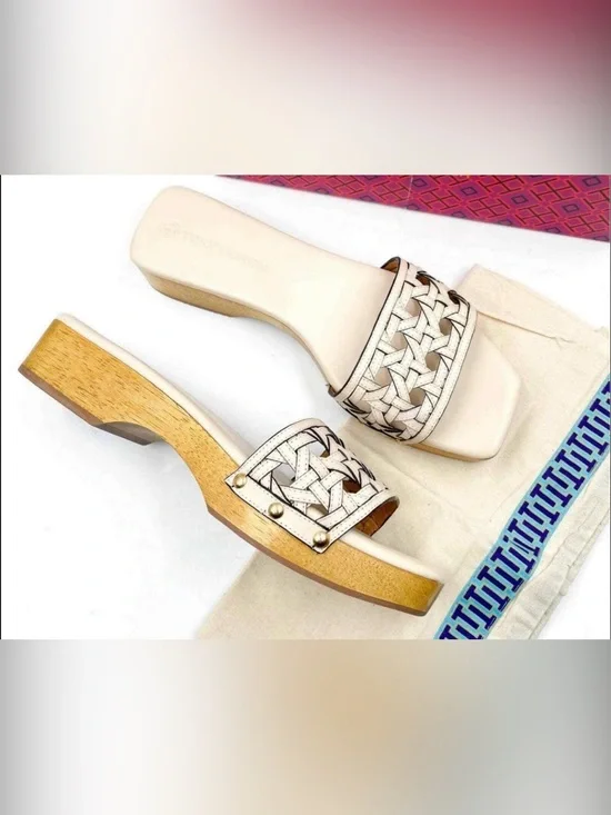 Tory Burch $298 Retail Basketweave Leather Sandals New Cream US 9M GUC