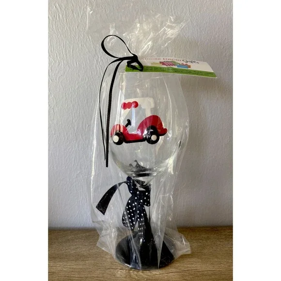 New Golf Cart Wine Glass Red Hand Painted Art USA Wrapped Gift Adobe Decor Gifts
