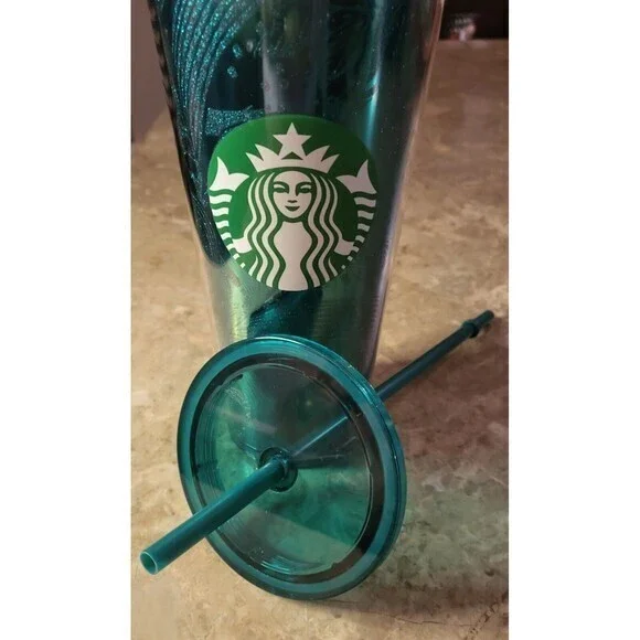 Starbucks 2021 Fall Emerald Sparkle Green Glitter Floral 24‎ oz Tumbler