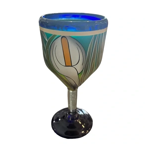 Talavera Hand Painted Cobalt Goblet Calla Lily One