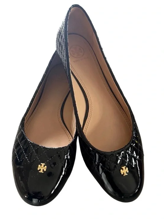 Tory Burch patent ballet flats Kent black quilted with logo size 8.5