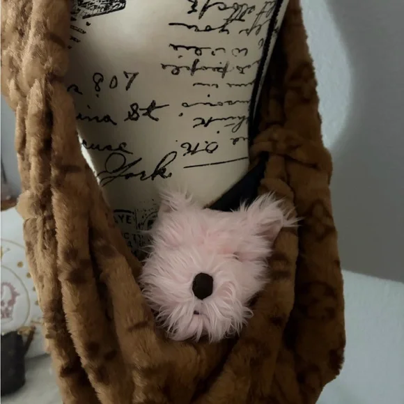 Brown Faux Fur Scarf with Pink Dog Plush