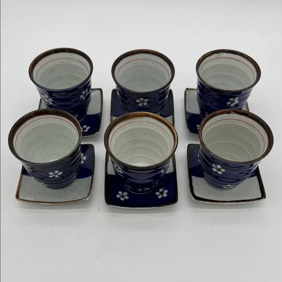 Japanese Saki Tea Set 12 Piece Set of 6 Blue Floral Teacups with Saucers