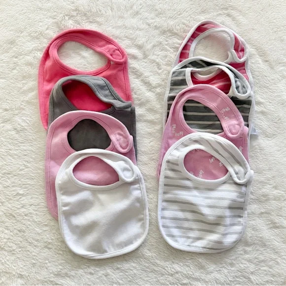 Hanes Flexy Cotton Blend Baby Bibs Set of 8 Pink Gray White Solid and Prints