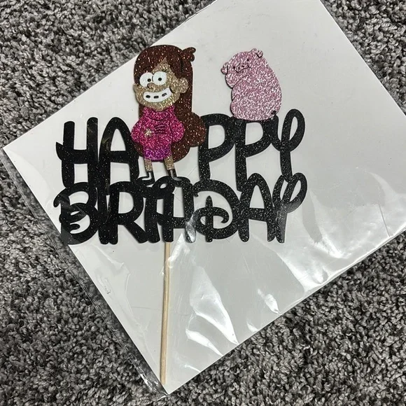 Glittery Black Gravity Falls Happy Birthday Cake Topper