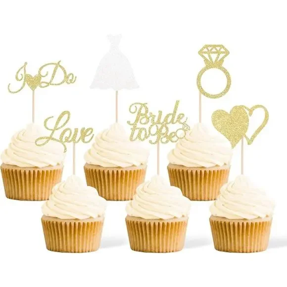 24 Pcs Bride To Be Cupcake Toppers Gold Glitter Double-Sided