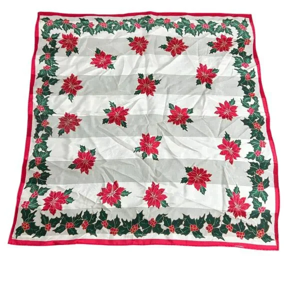 Vintage Silky Scarf- Square- Red White Green Mistletoe Design- 21x21