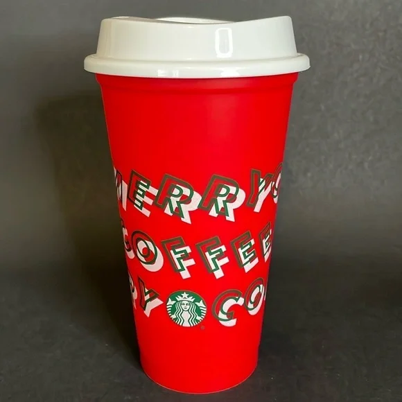 STARBUCKS Merry Coffee 16oz Refillable Cup with Lid 2013 Holiday Red/White/Green