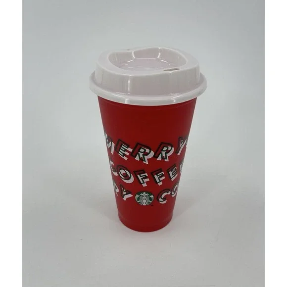Starbucks Christmas Holiday Merry Coffee Reusable Hot Cup w Lid 2013 Red 16 oz
