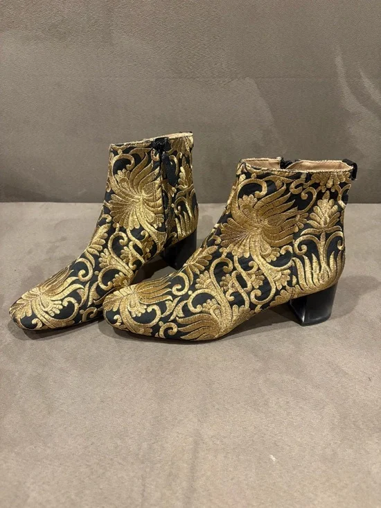 Tory Burch‎ Carlotta Embroidered Ankle Bootie Black Gold Size 8