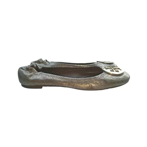 TORY BURCH Size 6.5 MINNIE Travel Ballet Flats, Gold Brown leather Slip On