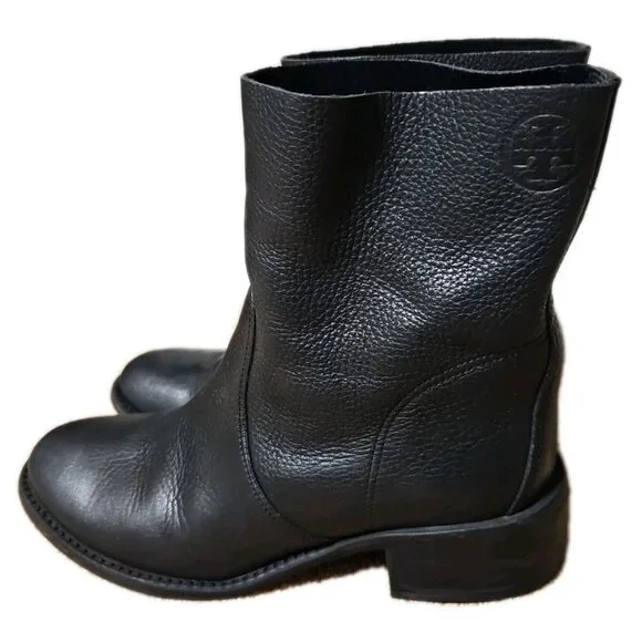 Tory Burch Siena Black Pebbeled Leather Ankle Boots, Womens Size 7.5