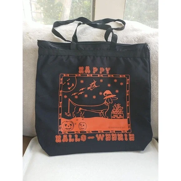 Halloween Tote Bag Dachshund Dog Witch Reusable Weenie Handbag Dapple Doxie