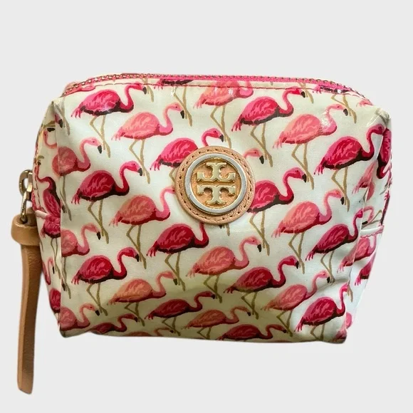 Tory Burch Flamingo Print Small Cosmetic Pouch Travel Makeup Bag