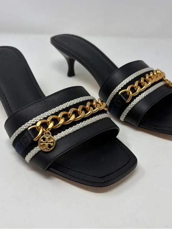 Tory Burch Mini Benton Kitten Heel Sandals Black Leather Gold Chain‎ Size 10.5