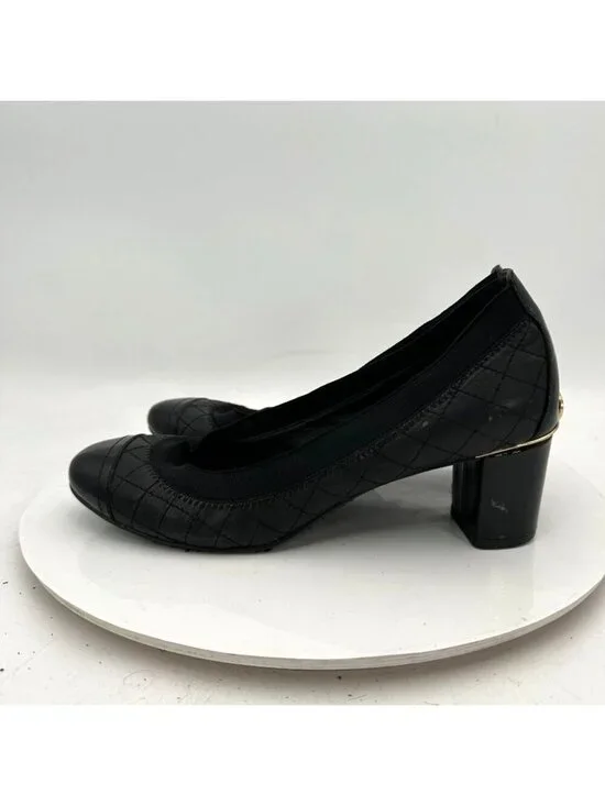 Tory Burch Carrie Women Size 7.5 Black Leather Quilted Pumps Gold Logo Shoes