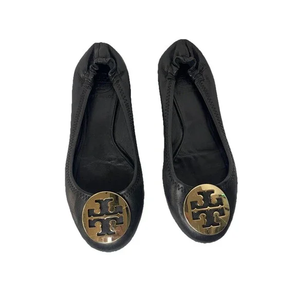 tory burch womens 6 black ballet flats Leather Gold Emblem Logo
