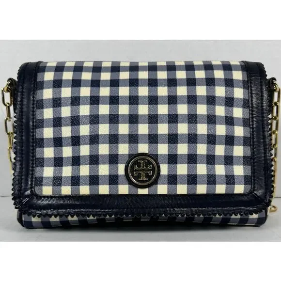 Tory Burch Navy White Gingham Chain Shoulder Crossbody Bag