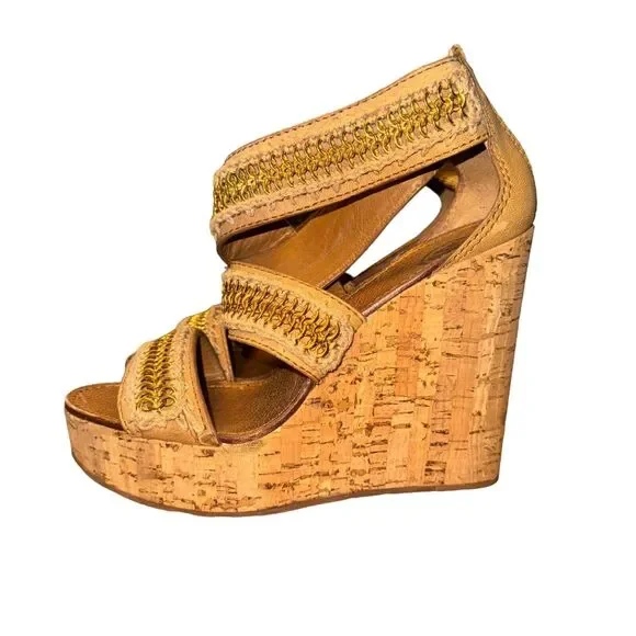 Tory Burch Lucian Wedge Sandals Size 8 M Tan Leather Chain Embellished Heel Zip