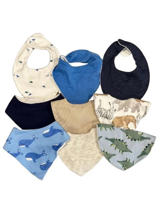 9-Piece Bundle of Carter's Baby Bandana Bibs - Blue, Navy, Cream & Green Prints