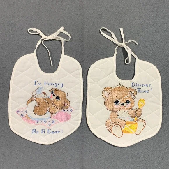 Vintage Hand Embroidered Baby Bibs Set of 2 Quilted Teddy Bear‎ Cross Stitch