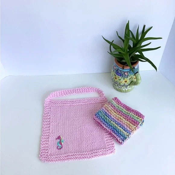 Baby Bib Set Hand Crafted Pink Knit Cotton Seahorse Colorful