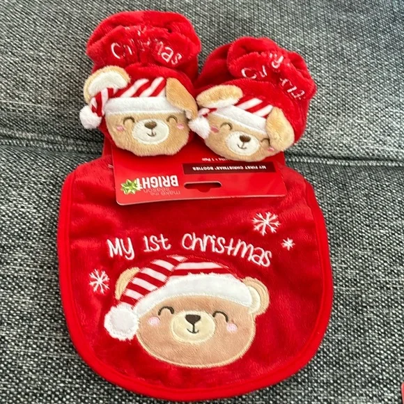 Bright Baby My first Christmas Red Bear Soft Warm Booties and Bib