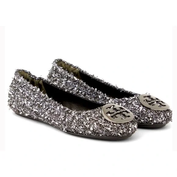 Tory Burch Minnie Travel Ballet Flats Sparkle Tweed Embellished Logo Gray Sz 13