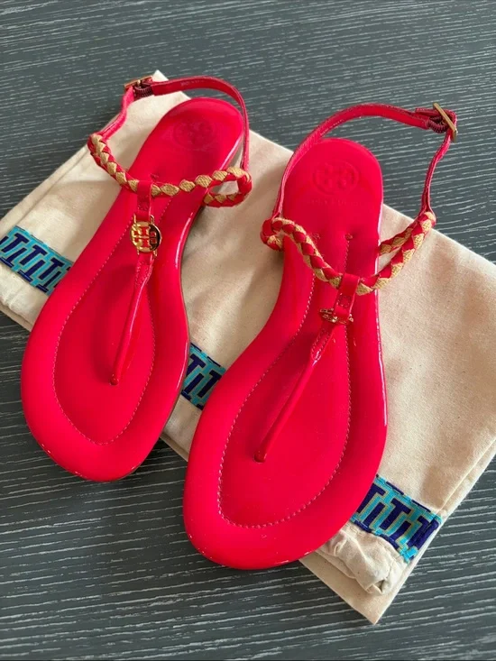 NWOB Tory Burch Hot Pink Aine Braided T-Strap Sandals with Gold Logo 8