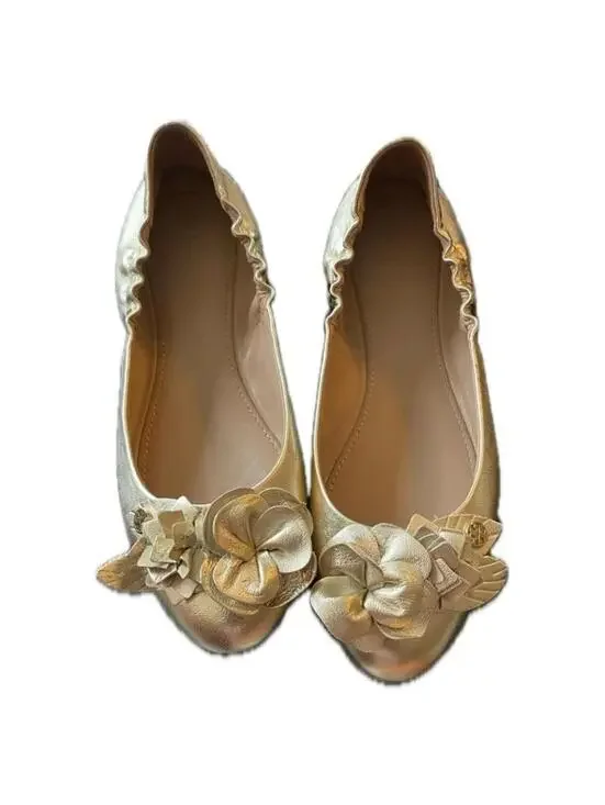 Tory Burch Elegant Gold Floral Women's Flats, Size 7.5
