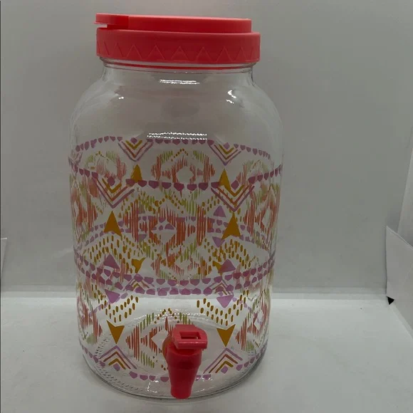 Vintage Colorful Glass Gallon Dispenser Sun Tea Jar:Rosy Geometric Design