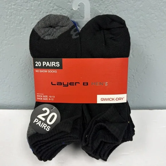 Layer 8 Men's Qwick-Dry No Show Mens Socks - 20 Pack - Fits Shoe‎ Sizes 6-12