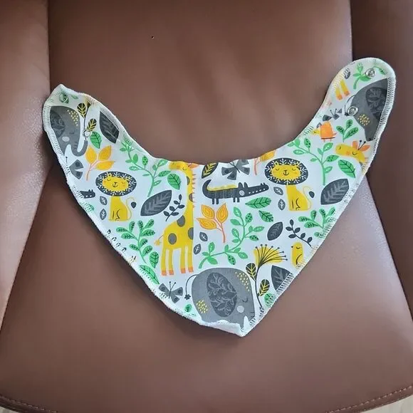 Safari Animal Print Baby Bandana Bib White Yellow Gray Green Snap Closure Cotton
