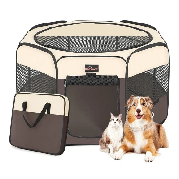 Dog Playpen, Cat Playpen - Foldable Pet Playpen with Carrying Case, M BROWN
