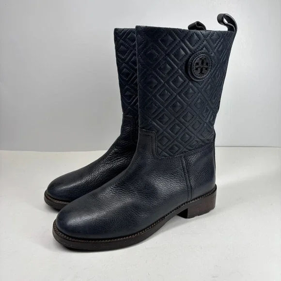 Tory Burch Marion Women's US 8M Quilted Black Leather Mid-Calf‎ Boots Equestrian