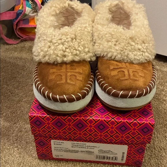 Tory Burch Suede Moccasin Slippers in Toasted Caramel with Cream Shearling