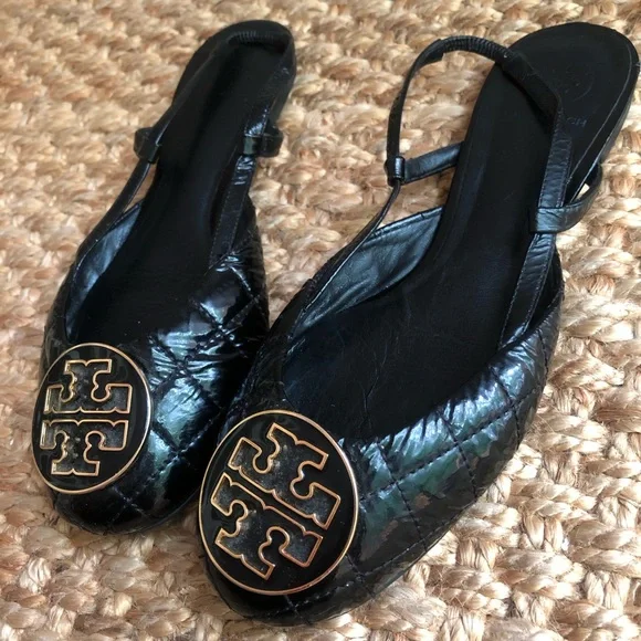 Tory Burch Charon Slingback Flat. Quilted Black Patent Leather. Size 8