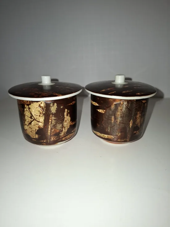 Ceramic Lidded Japense Tea Cups - Real Cherry Bark Inlay Set of 2