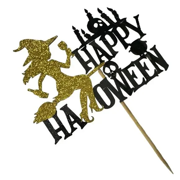 NWT Glitter Happy Halloween Skull Witch Cake Topper Party Centerpiece